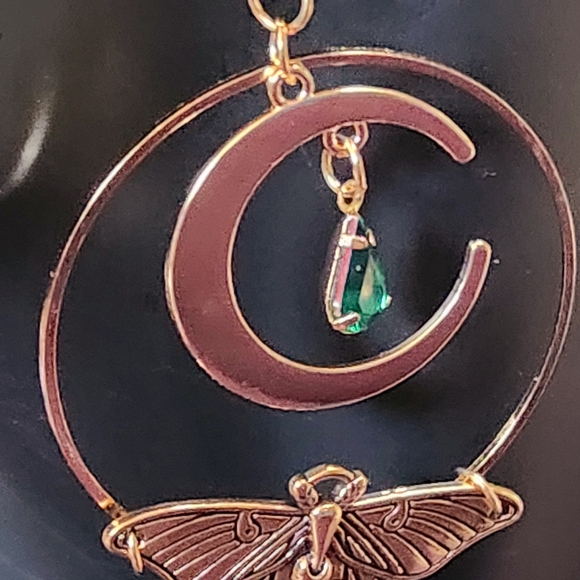 Gold Hoops Dangling Moon Butterfly with Faux Emerald Teardrop Earrings NWT - Picture 4 of 6